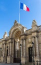 View of entrance gate of the Elysee Palace from the Rue du Faubourg Saint-Honore. Elysee Palace - official residence of