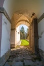 View of the entrance to the courtyard of the Church of St. Volbenka, Slovenia, Europe.