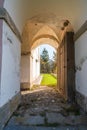 View of the entrance to the courtyard of the Church of St. Volbenka, Slovenia, Europe.