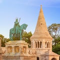 View of the equestrian statue of King Saint Stephen I of Hungary against the background of the Fisherman`s Bastion in Budapest Royalty Free Stock Photo