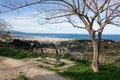 The view from Eratinis street lookout at Patras city in Greece with tree and bench for relaxation and see the beautiful cityscape Royalty Free Stock Photo
