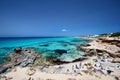 View of Es calo d'es mort beach, one of the most beautiful spots in Formentera, Balearic Islands, Spain