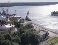 A view of the estuary of Vuoksi river, Gulf of Finland and Vyborg port. The view from the height. Tilt shift blur effect.