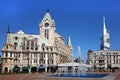 View of Europe square with the monument of Medea, the mansions with towers, Batumi, Adjara, Georgia