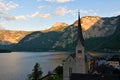 View of the evangelical church in Hallstatt and Dachstein mountains