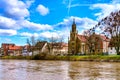 View of the evangelical church at the riverside in Rottenburg am Neckar