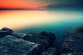 View of the evenig Sea from the coast. Long exposure