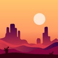 Evening desert landscape background. Natural scenery with rocky mountains and cactus plants. Vector design in gradient