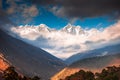 View of Everest peak and Lhotse mount from Tengboche village, Nepal