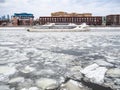 View of excursion boat on frozen Moskva River Royalty Free Stock Photo