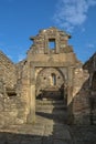 View at the exterior fortress and religious church ruins, medieval village inside fortress castle of Castelo Mendo