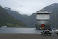 Landscape of Geirangerfjorden fjord and a ship from Geiranger Norway