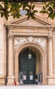 View of the facade of the building in Pilar Square, Zaragoza, Spain. Close-up. Vertical.