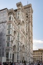 View of the facade of the cathedral of the duomo of Florence and Giotto`s bell tower