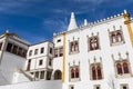 View of the facade of the National Palace of Sintra Palacio Nacional de Sintra with the Manueline style windows