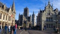 View of the facade of Saint Nicholas` Church Sint-Niklaaskerk and the Former Post Office from Saint Michael`s Bridge Sint-