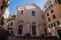 View of facade of Santa Maria di Castello church in old city centre of Genoa, Italy.