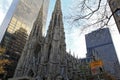 View of the facade of St. Patrick`s Cathedral and skyscrapers in New York City Royalty Free Stock Photo