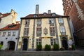 View on facades of Konventa Seta hotel and Tenute Al Bano Carrisi Restaurant in Riga city center, Latvia