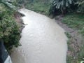 view of a fairly fast flowing river with murky brown water Royalty Free Stock Photo