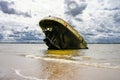 View of the Falkensteiner Ufer and the shipwreck MS Uwe. Historical sight on the Elbe