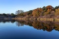 Fall colors in a park with reflections in the lake in Omaha Nebraska Royalty Free Stock Photo