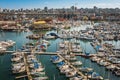 View of False Creek Harbour in Vancouver. Boats, yachts at Fisherman Wharf pier in False Creek marina Granville Island