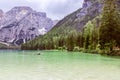 View of the famous alpine lake Braies Lago di Braies in the background of Seekofel mountain. Italian Alps