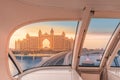 View of famous Atlantis Hotel from the cab of a modern monorail train while traveling on the artificial Palm Jumeirah Island Royalty Free Stock Photo