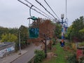 View of a famous cable car in Odessa with the sea in the background. Colored cabins. Travel background