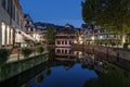 View of famous canal in little France district by night, Strasbourg, France