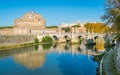 View of the famous Castel Sant`Angelo and the bridge over the Tiber river in Rome, Italy. Royalty Free Stock Photo