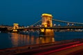 View of the famous chain bridge in Budapest at night. Royalty Free Stock Photo