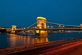 View of the famous chain bridge in Budapest at night. Royalty Free Stock Photo