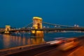 View of the famous chain bridge in Budapest at night. Royalty Free Stock Photo