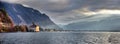 Evening view of famous Chateau de Chillon at Lake Geneva one of Switzerland Royalty Free Stock Photo