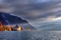 Evening view of famous Chateau de Chillon at Lake Geneva one of Switzerland Royalty Free Stock Photo