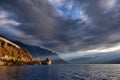 Evening view of famous Chateau de Chillon at Lake Geneva one of Switzerland Royalty Free Stock Photo