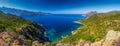 View from famous D81 coastal road with view of Golfe de Girolata from Bocca Di Palmarella, Corsica, France, Europe. Royalty Free Stock Photo