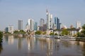 View of the famous Frankfurt Skyline and the banking district with the river Main at the foreground and against a blue sky