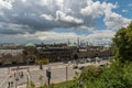 View of the famous Hamburg Landungsbruecken with harbor, St. Pauli district, Hamburg, Germany