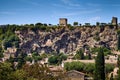 View of the famous historical Falaise of Cotignac and its towers