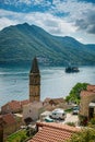 View of famous island Our Lady Of The Rocks and Perast town from a high viewpoint