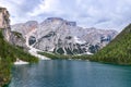 View of the famous Lake Braies at the foot of a Seekofel mountain in the Italian Alps