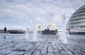 View of the famous London Tower Bridge from the embankment`s small fountain Royalty Free Stock Photo