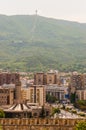 View on the famous Millennium Cross monument on the Vodno Mountain with Skopje downtown cityscape on the foreground