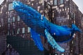 View of the famous mural of a giant blue wale on an abandoned old gray building in Zagreb, Croatia