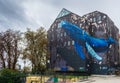 View of the famous mural of a giant blue wale on an abandoned old gray building in Zagreb, Croatia