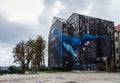 View of the famous mural of a giant blue wale on an abandoned old gray building in Zagreb, Croatia