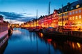 View of famous Nyhavn area in the center of Copenhagen, Denmark at night Royalty Free Stock Photo